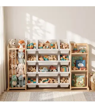 Estantería Infantil de Juguetes de Madera con 12 Cajas Organizador de Peluches 3 Estantes 146x39,5x88 cm Natural