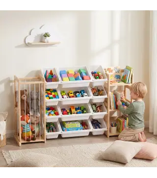 Estantería Infantil de Juguetes de Madera con 12 Cajas Organizador de Peluches 3 Estantes 146x39,5x88 cm Natural