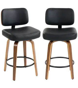 Taburetes de Bar Giratorios 360° de Cuero PU con Patas de Madera Curvas Respaldo Acolchado Reposapiés 44x49x95 cm Negro
