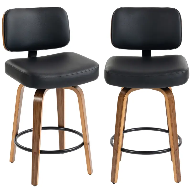 Taburetes de Bar Giratorios 360° de Cuero PU con Patas de Madera Curvas Respaldo Acolchado Reposapiés 44x49x95 cm Negro