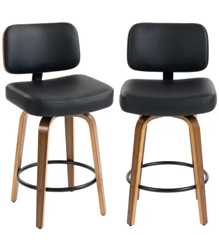 Taburetes de Bar Giratorios 360° de Cuero PU con Patas de Madera Curvas Respaldo Acolchado Reposapiés 44x49x95 cm Negro