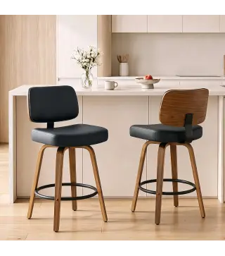 Taburetes de Bar Giratorios 360° de Cuero PU con Patas de Madera Curvas Respaldo Acolchado Reposapiés 44x49x95 cm Negro