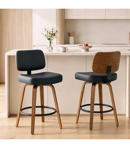 Taburetes de Bar Giratorios 360° de Cuero PU con Patas de Madera Curvas Respaldo Acolchado Reposapiés 44x49x95 cm Negro