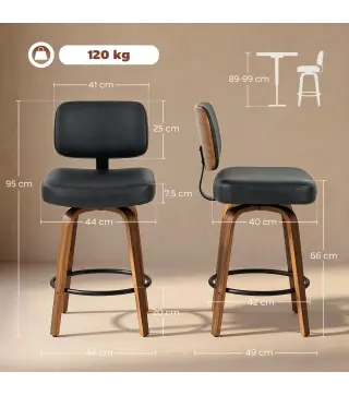 Taburetes de Bar Giratorios 360° de Cuero PU con Patas de Madera Curvas Respaldo Acolchado Reposapiés 44x49x95 cm Negro