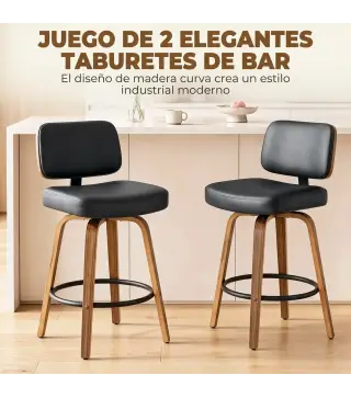 Taburetes de Bar Giratorios 360° de Cuero PU con Patas de Madera Curvas Respaldo Acolchado Reposapiés 44x49x95 cm Negro
