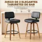 Taburetes de Bar Giratorios 360° de Cuero PU con Patas de Madera Curvas Respaldo Acolchado Reposapiés 44x49x95 cm Negro