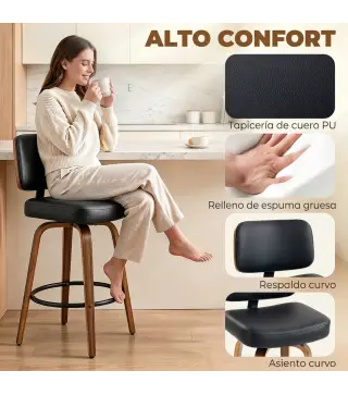 Taburetes de Bar Giratorios 360° de Cuero PU con Patas de Madera Curvas Respaldo Acolchado Reposapiés 44x49x95 cm Negro