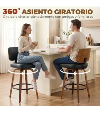 Taburetes de Bar Giratorios 360° de Cuero PU con Patas de Madera Curvas Respaldo Acolchado Reposapiés 44x49x95 cm Negro