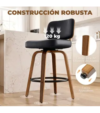 Taburetes de Bar Giratorios 360° de Cuero PU con Patas de Madera Curvas Respaldo Acolchado Reposapiés 44x49x95 cm Negro