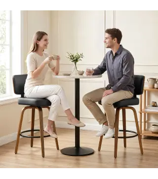 Taburetes de Bar Giratorios 360° de Cuero PU con Patas de Madera Curvas Respaldo Acolchado Reposapiés 44x49x95 cm Negro