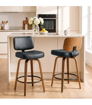 Taburetes de Bar Giratorios 360° de Cuero PU con Patas de Madera Curvas Respaldo Acolchado Reposapiés 44x49x95 cm Negro