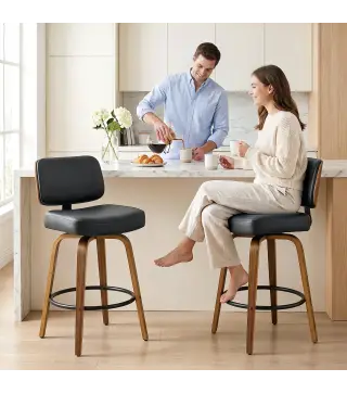 Taburetes de Bar Giratorios 360° de Cuero PU con Patas de Madera Curvas Respaldo Acolchado Reposapiés 44x49x95 cm Negro