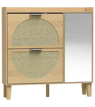 Zapatero Estrecho Bohemio con Espejo 2 Puertas de Ratán Armario 10 Pares Estantes Ajustables 94,5x24x96,5 cm Roble