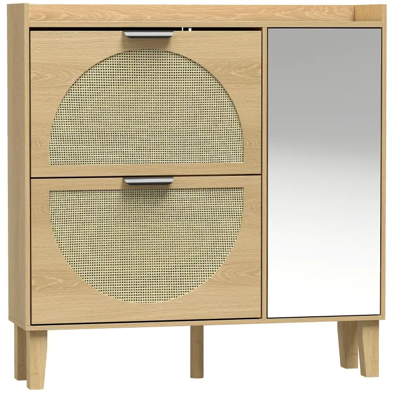 Zapatero Estrecho Bohemio con Espejo 2 Puertas de Ratán Armario 10 Pares Estantes Ajustables 94,5x24x96,5 cm Roble