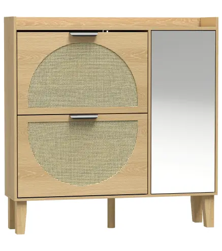 Zapatero Estrecho Bohemio con Espejo 2 Puertas de Ratán Armario 10 Pares Estantes Ajustables 94,5x24x96,5 cm Roble