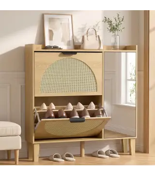 Zapatero Estrecho Bohemio con Espejo 2 Puertas de Ratán Armario 10 Pares Estantes Ajustables 94,5x24x96,5 cm Roble