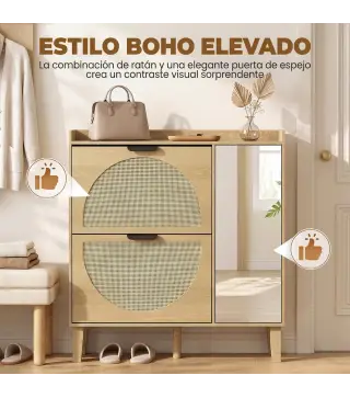 Zapatero Estrecho Bohemio con Espejo 2 Puertas de Ratán Armario 10 Pares Estantes Ajustables 94,5x24x96,5 cm Roble