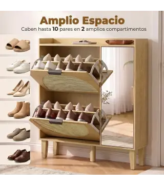 Zapatero Estrecho Bohemio con Espejo 2 Puertas de Ratán Armario 10 Pares Estantes Ajustables 94,5x24x96,5 cm Roble