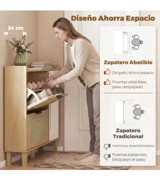 Zapatero Estrecho Bohemio con Espejo 2 Puertas de Ratán Armario 10 Pares Estantes Ajustables 94,5x24x96,5 cm Roble