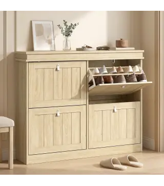 Zapatero Estrecho con 4 Puertas Abatibles y Estantes Ajustables para hasta 20 Pares Efecto Roble