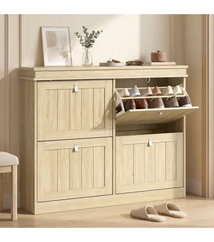 Zapatero Estrecho con 4 Puertas Abatibles y Estantes Ajustables para hasta 20 Pares Efecto Roble