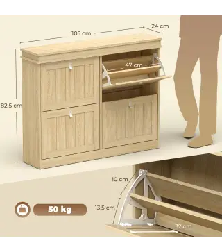 Zapatero Estrecho con 4 Puertas Abatibles y Estantes Ajustables para hasta 20 Pares Efecto Roble
