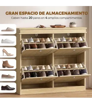 Zapatero Estrecho con 4 Puertas Abatibles y Estantes Ajustables para hasta 20 Pares Efecto Roble