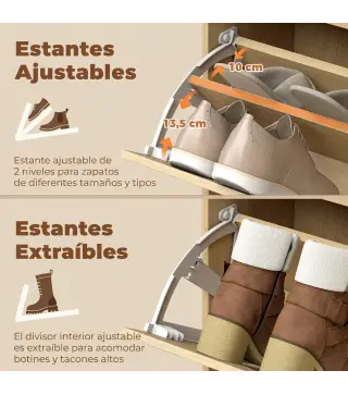 Zapatero Estrecho con 4 Puertas Abatibles y Estantes Ajustables para hasta 20 Pares Efecto Roble