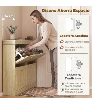Zapatero Estrecho con 4 Puertas Abatibles y Estantes Ajustables para hasta 20 Pares Efecto Roble