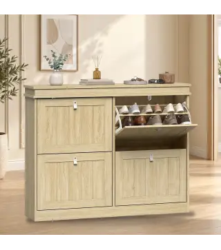 Zapatero Estrecho con 4 Puertas Abatibles y Estantes Ajustables para hasta 20 Pares Efecto Roble