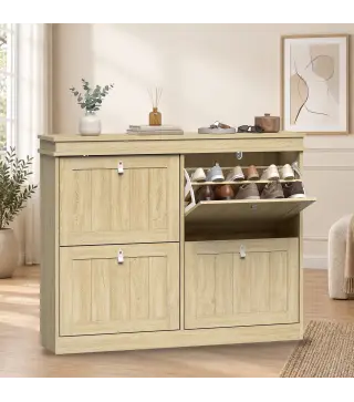 Zapatero Estrecho con 4 Puertas Abatibles y Estantes Ajustables para hasta 20 Pares Efecto Roble