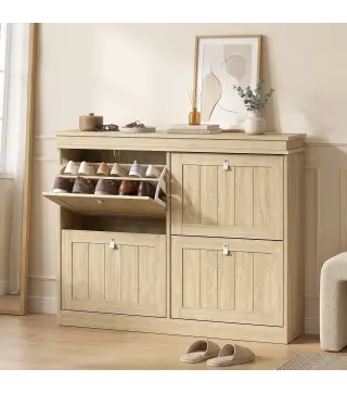 Zapatero Estrecho con 4 Puertas Abatibles y Estantes Ajustables para hasta 20 Pares Efecto Roble