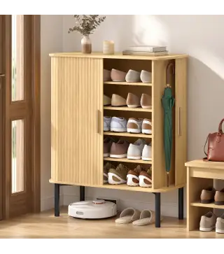 Zapatero de 5 Niveles con Puertas Correderas 4 Estantes Ajustables y Compartimentos Laterales Roble