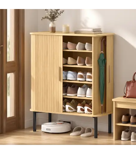 Zapatero de 5 Niveles con Puertas Correderas 4 Estantes Ajustables y Compartimentos Laterales Roble