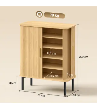 Zapatero de 5 Niveles con Puertas Correderas 4 Estantes Ajustables y Compartimentos Laterales Roble