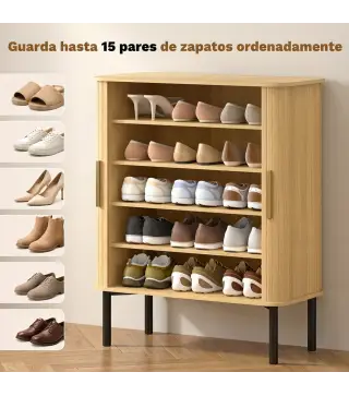 Zapatero de 5 Niveles con Puertas Correderas 4 Estantes Ajustables y Compartimentos Laterales Roble