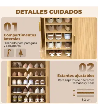 Zapatero de 5 Niveles con Puertas Correderas 4 Estantes Ajustables y Compartimentos Laterales Roble