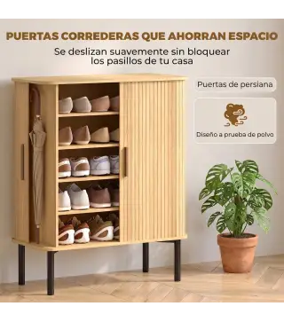 Zapatero de 5 Niveles con Puertas Correderas 4 Estantes Ajustables y Compartimentos Laterales Roble