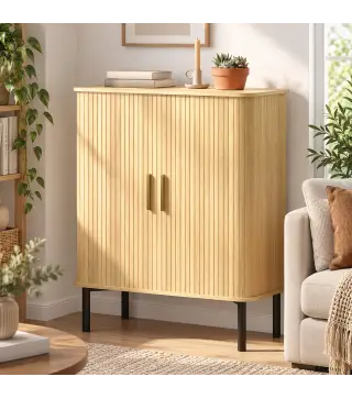 Zapatero de 5 Niveles con Puertas Correderas 4 Estantes Ajustables y Compartimentos Laterales Roble