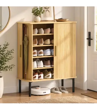 Zapatero de 5 Niveles con Puertas Correderas 4 Estantes Ajustables y Compartimentos Laterales Roble