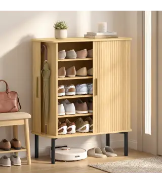 Zapatero de 5 Niveles con Puertas Correderas 4 Estantes Ajustables y Compartimentos Laterales Roble