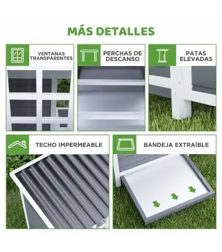 Gallinero para Exterior de Madera 100x86x100cm 2-4 Gallinas Nido Bandeja Extraíble Techo Impermeable Perchas Gris Claro
