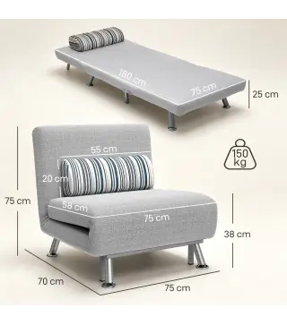 Sofá Cama Individual Plegable con Respaldo Ajustable de 5 Niveles Cojín y Tapizado de Lino Sintético 75x70x75 cm Gris