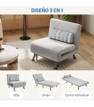 Sofá Cama Individual Plegable con Respaldo Ajustable de 5 Niveles Cojín y Tapizado de Lino Sintético 75x70x75 cm Gris