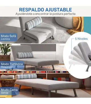 Sofá Cama Individual Plegable con Respaldo Ajustable de 5 Niveles Cojín y Tapizado de Lino Sintético 75x70x75 cm Gris