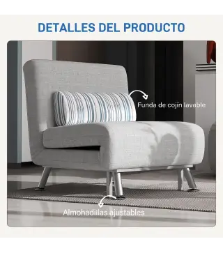 Sofá Cama Individual Plegable con Respaldo Ajustable de 5 Niveles Cojín y Tapizado de Lino Sintético 75x70x75 cm Gris
