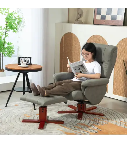 Sillón Relax Reclinable con Reposapiés Tapizado en Tejido Técnico Marco de Madera Función Basculante Gris