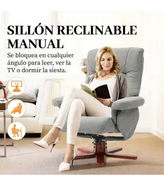 Sillón Relax Reclinable con Reposapiés Tapizado en Tejido Técnico Marco de Madera Función Basculante Gris