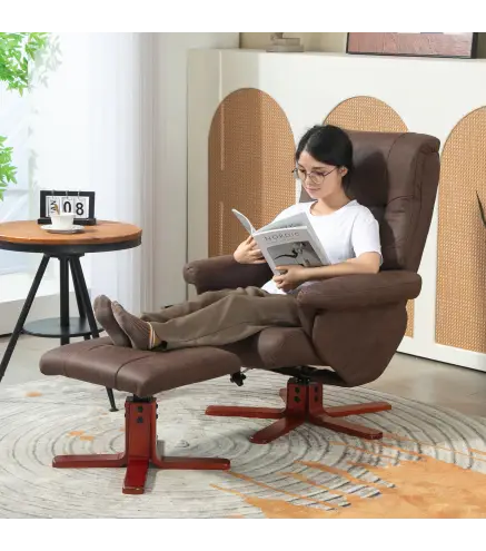 Sillón Relax Reclinable con Reposapiés Tapizado en Tejido Técnico Marco de Madera Función Basculante Marrón Oscuro