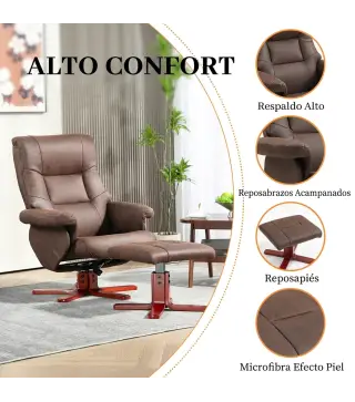 Sillón Relax Reclinable con Reposapiés Tapizado en Tejido Técnico Marco de Madera Función Basculante Marrón Oscuro
